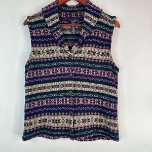 Chaps Colorful Boho Fair Isle Sweater Vest Womens Petite Large Button Front